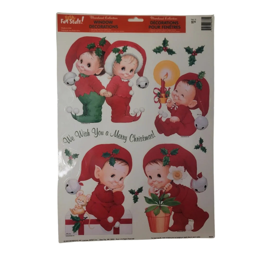 VTG Christmas Window Clings Lot of 3 Cute Baby Elves Santa Snowmen Holiday Decor